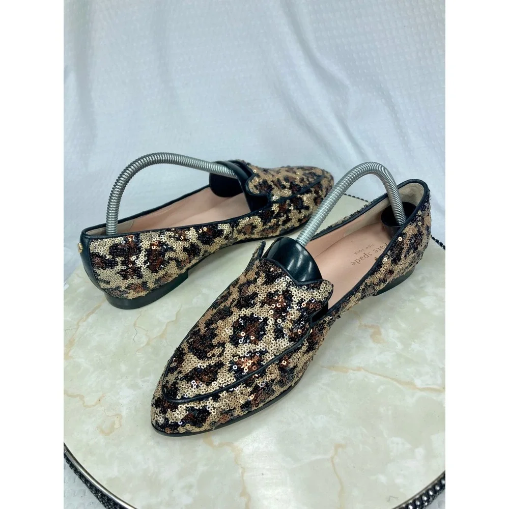 Kate Spade Sequin Leopard Print Loafers Womens 9.5 Gold Black Evening Party Flat